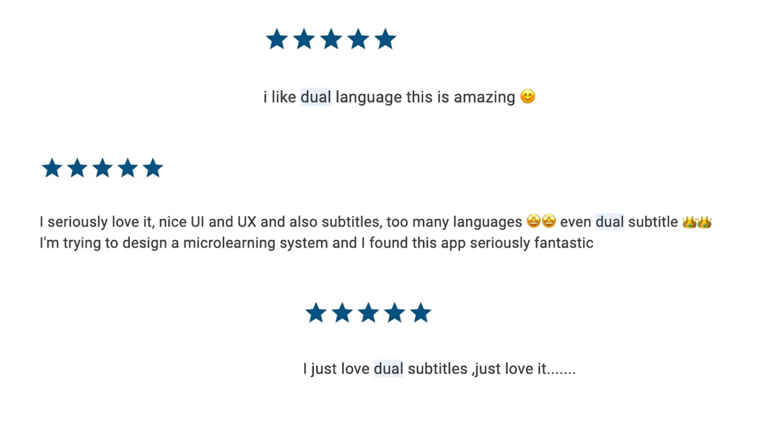 App store reviews highlighting the dual subtitles feature