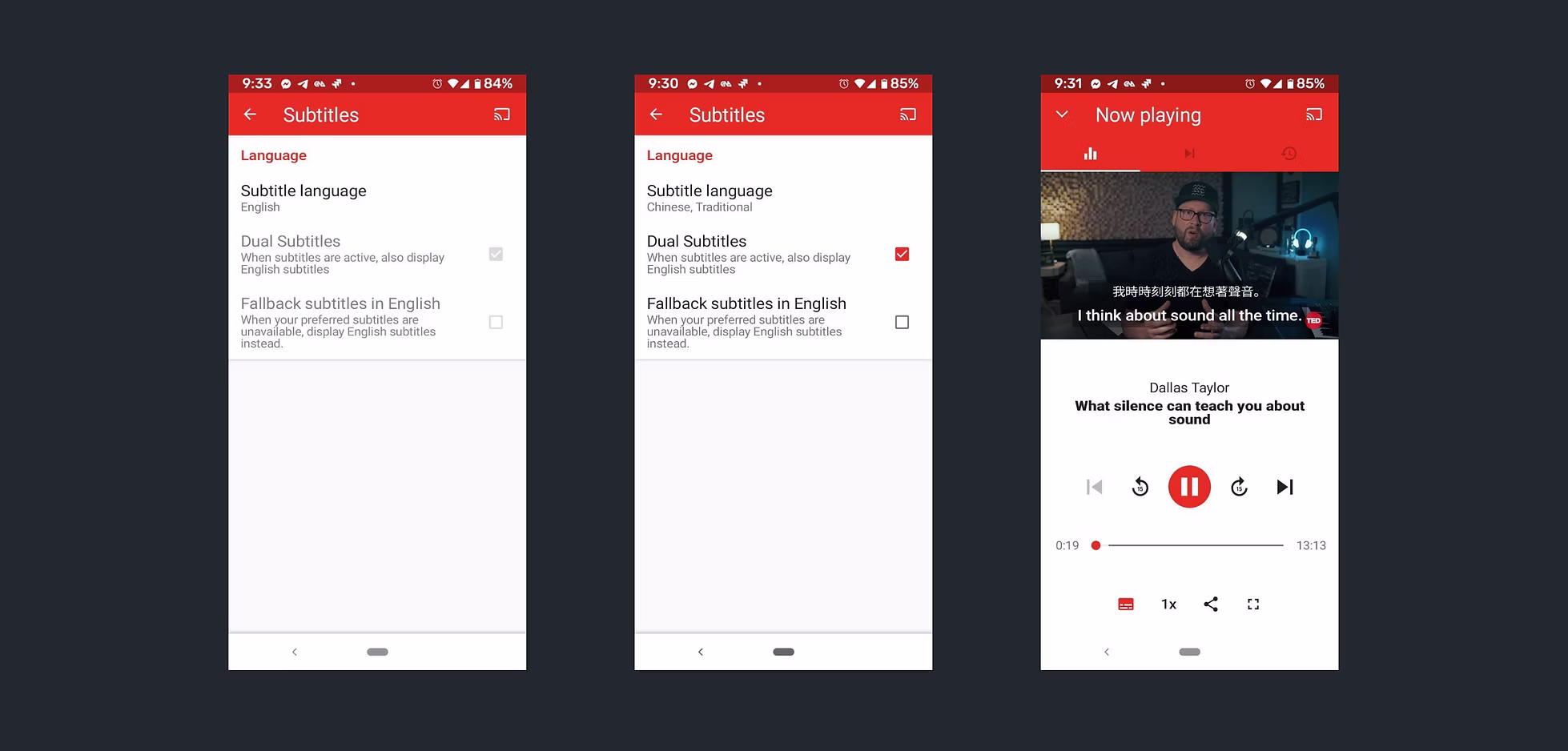 Dual subtitle feature showing native language and English
