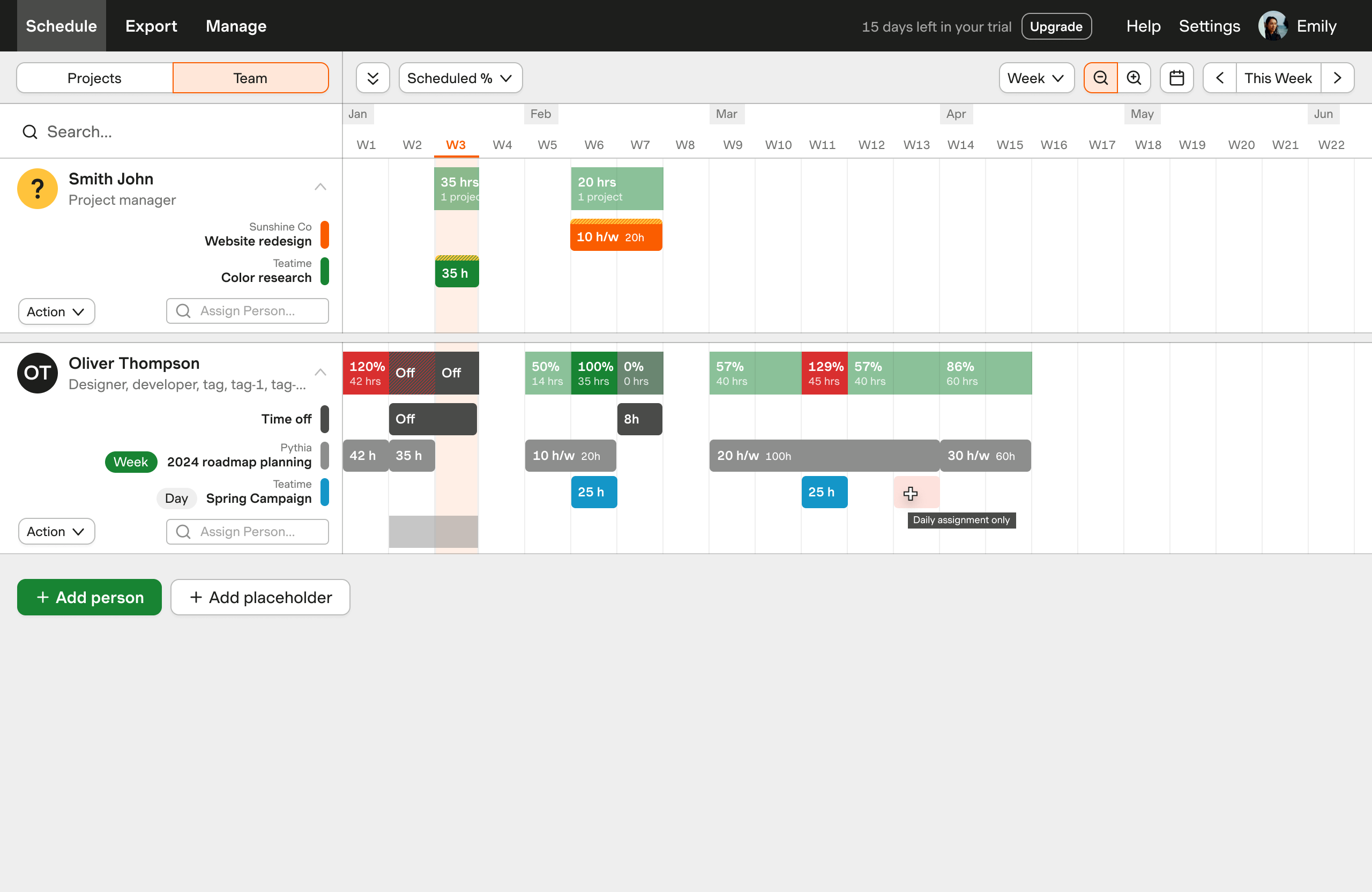Week view — before, restrictive project type model