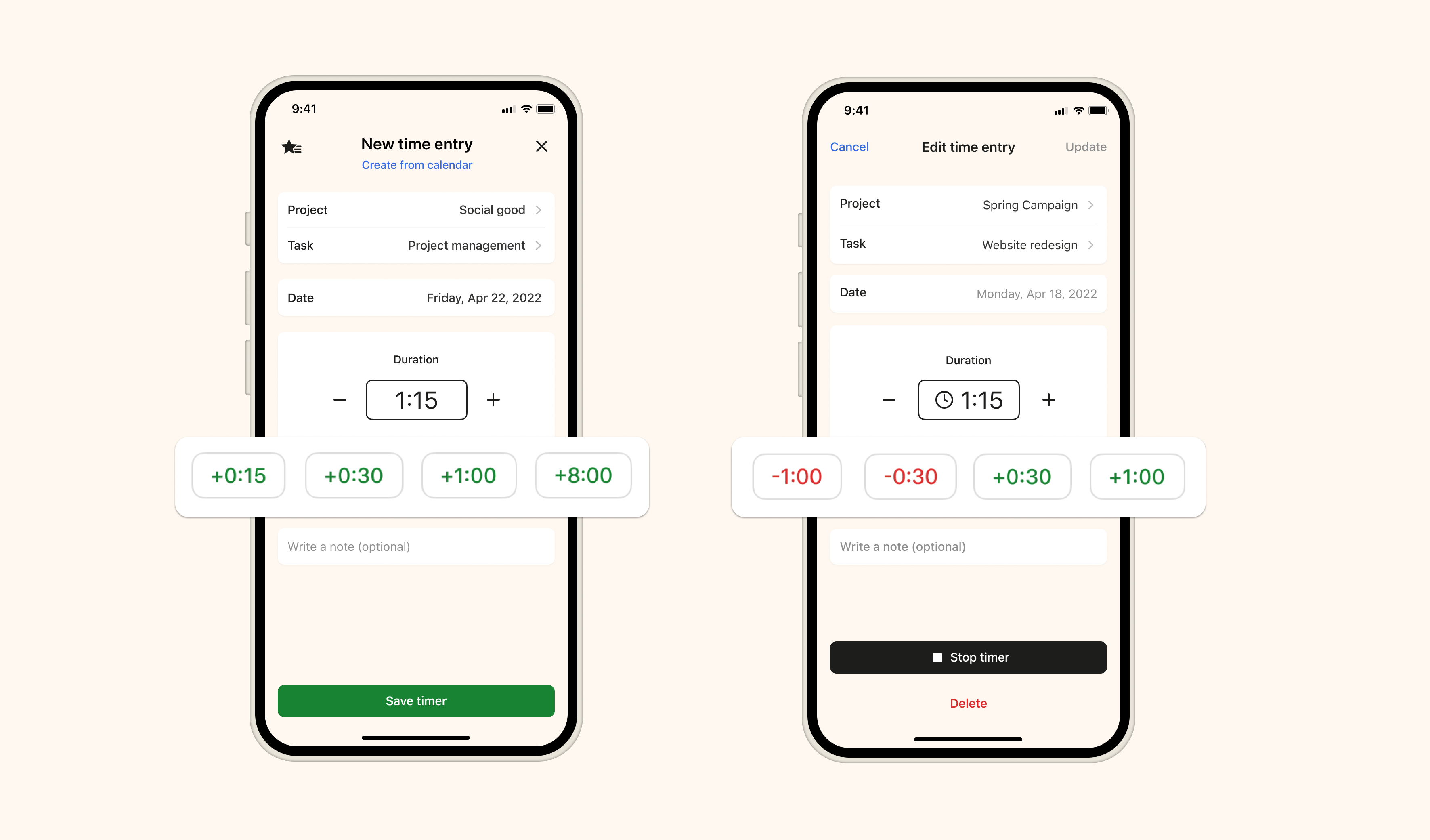 Quick time tracking preset buttons